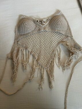 Rue21 Crochet Fringe Triangle Bralette in Natural Beige